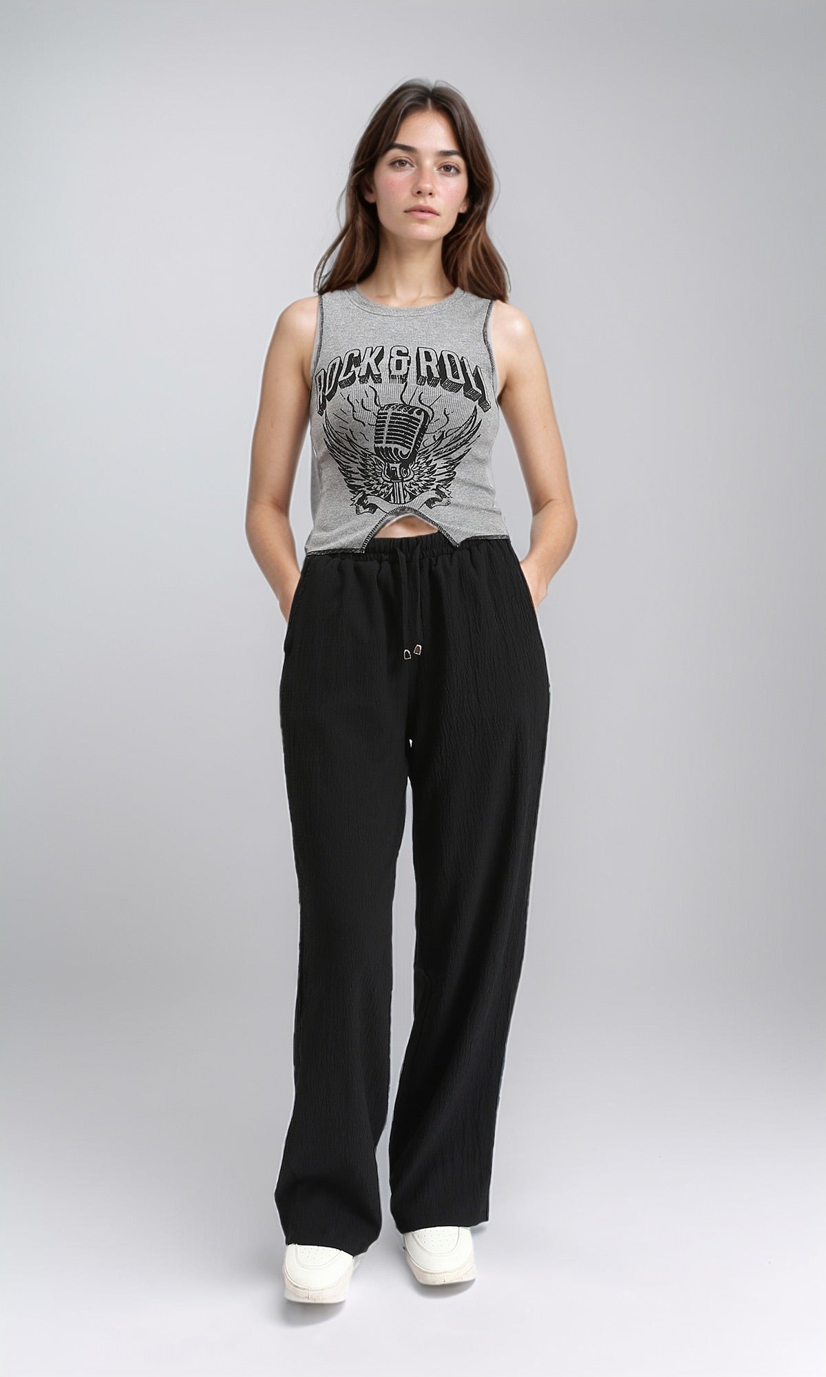 R212297 - Sleeveless Printed "Rock & Roll" Tank Top - Grey