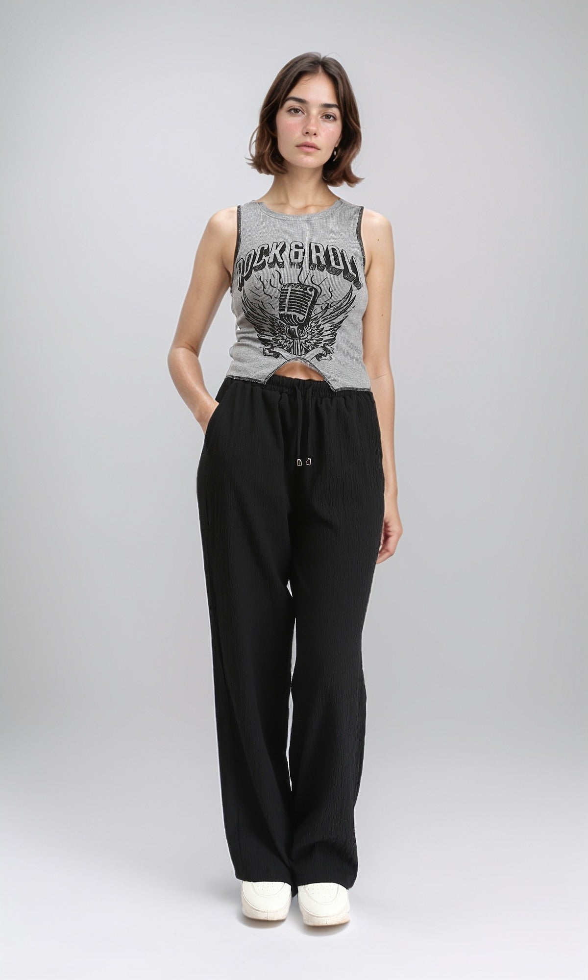 R212297 - Sleeveless Printed "Rock & Roll" Tank Top - Grey