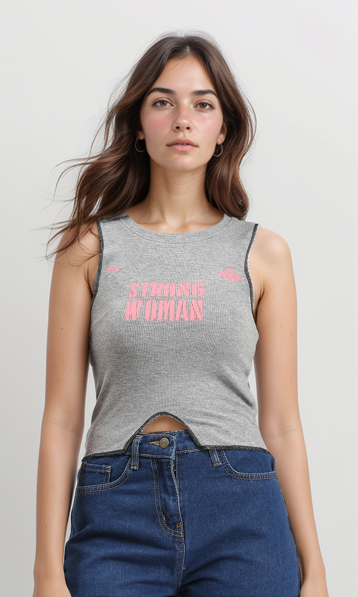 Sleeveless Printed "strong Woman" Tank Top - Grey