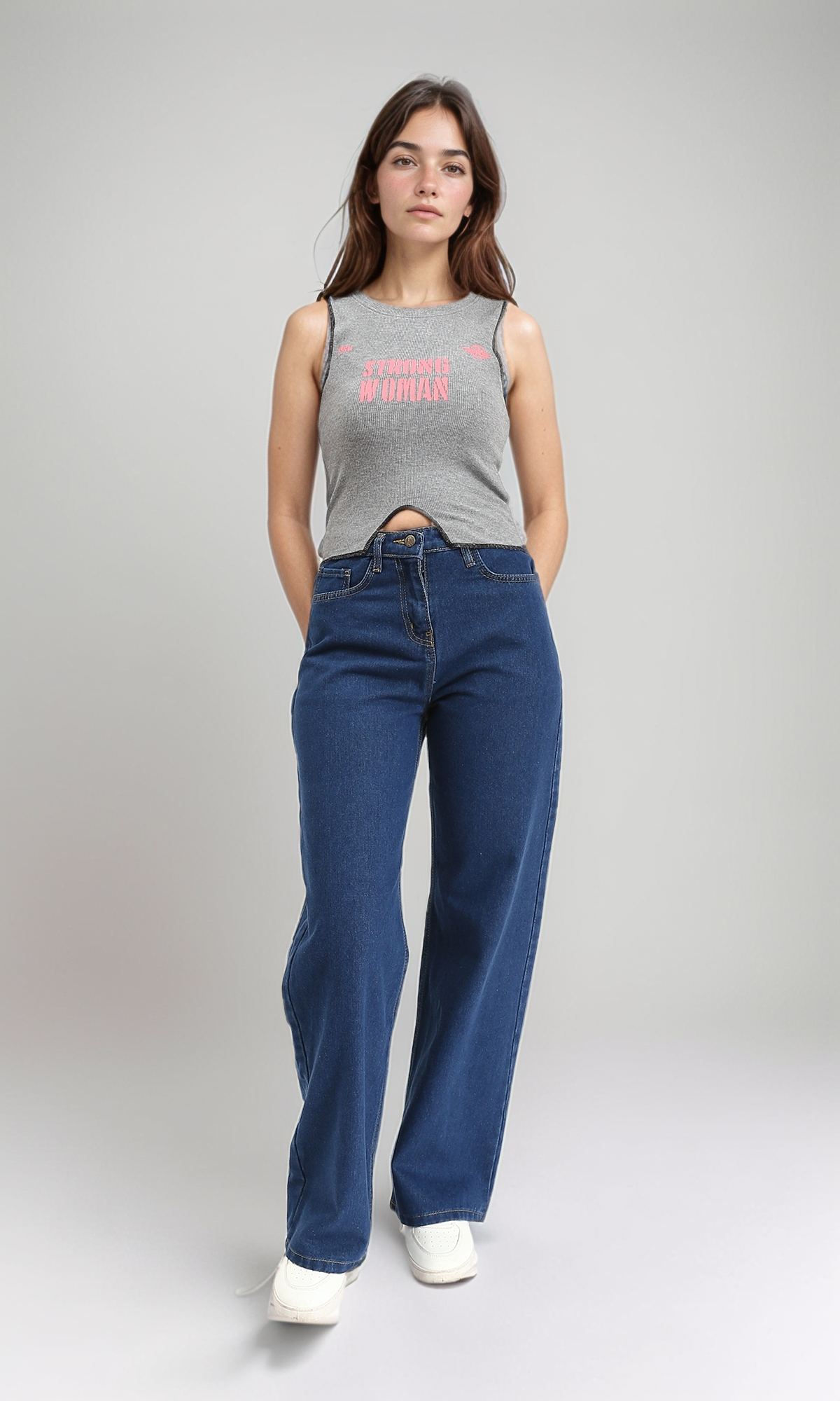 R212299 - Sleeveless Printed "Strong Woman" Tank Top - Grey