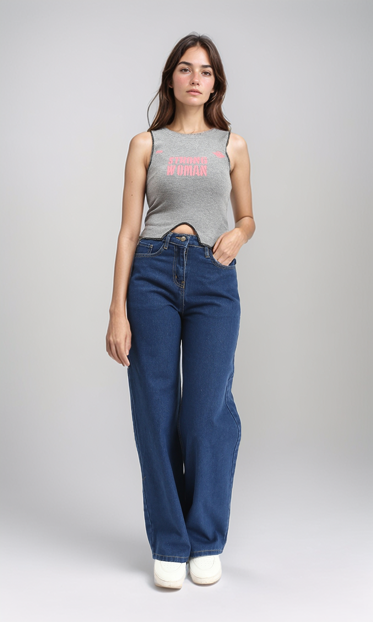 R212299 - Sleeveless Printed "Strong Woman" Tank Top - Grey