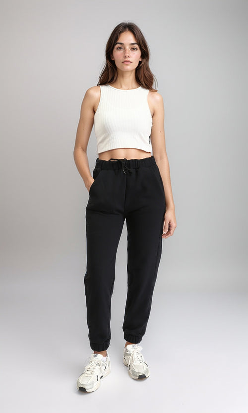 R212302 - Elastic Waist with Drawstring Cotton Sweatpants - Black