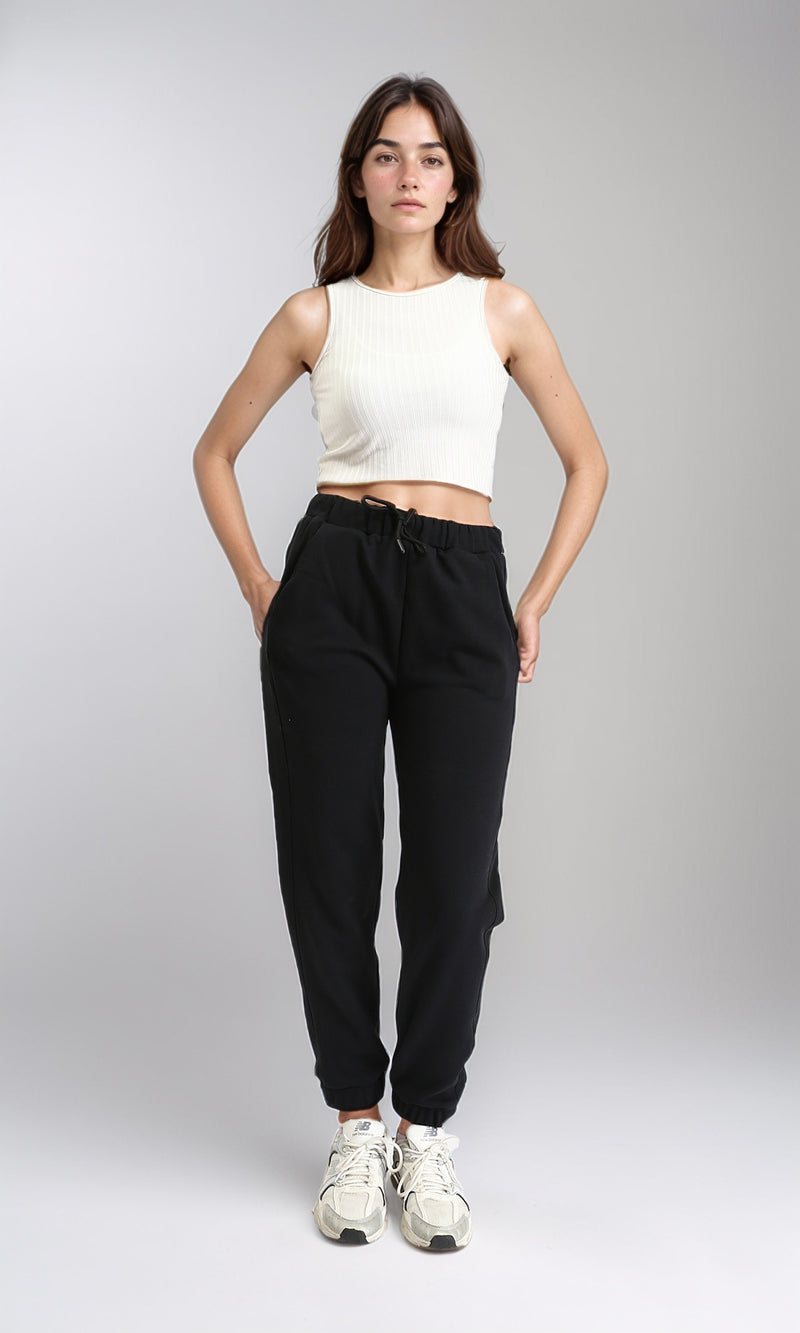 R212302 - Elastic Waist with Drawstring Cotton Sweatpants - Black