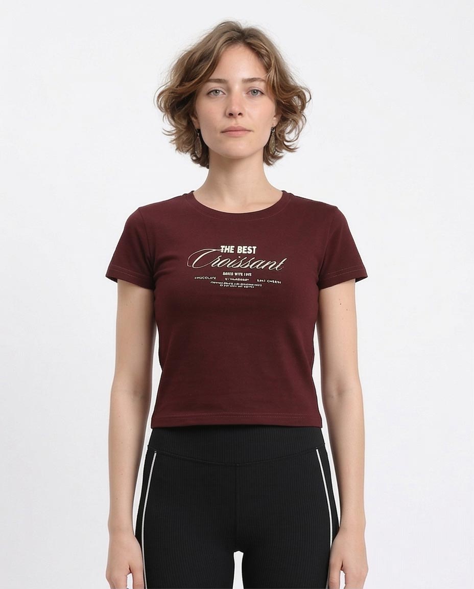 Women's Burgundy "the Best Croissant" Graphic Baby Tee