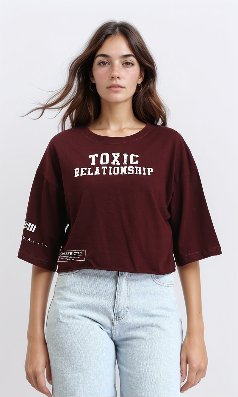 R212305 - "Toxic Relationship" Printed Crew Neck Tee - Maroon