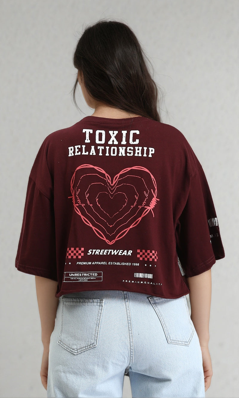 R212305 - "Toxic Relationship" Printed Crew Neck Tee - Maroon