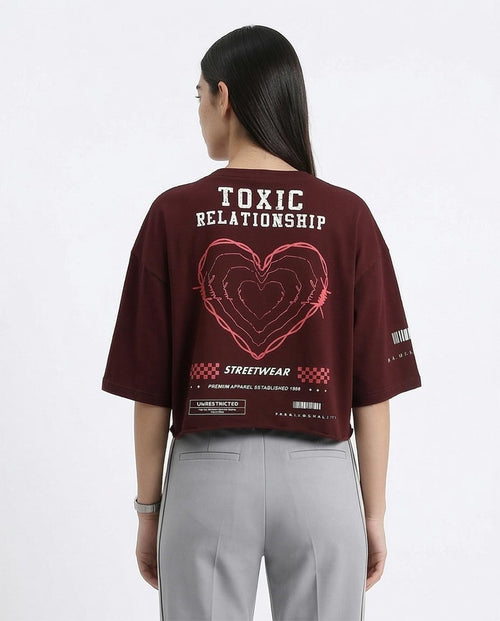 RAVIN | "Toxic Relationship" Raw-Edge Cropped Streetwear Tee - Maroon - R212305