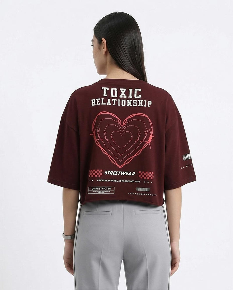 RAVIN | "Toxic Relationship" Raw-Edge Cropped Streetwear Tee - Maroon - R212305