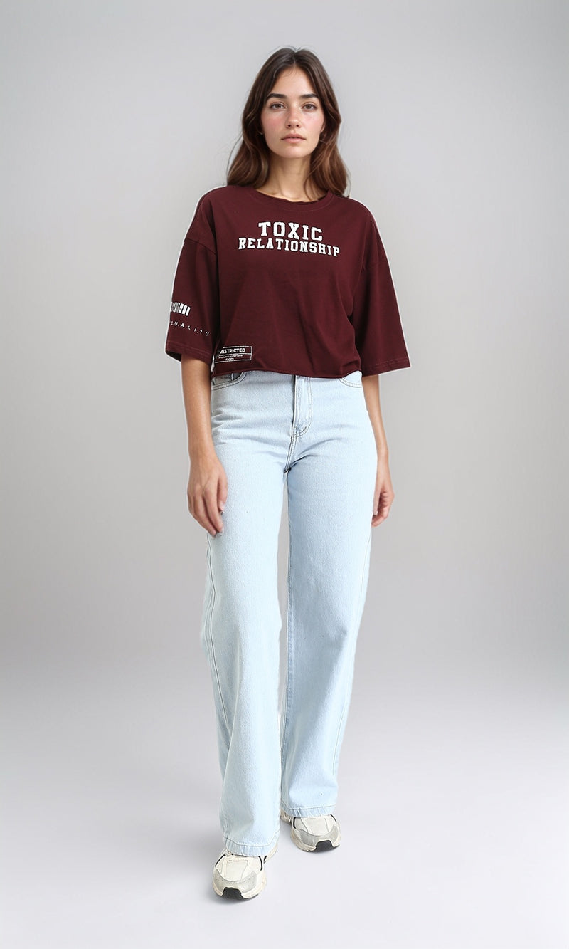 R212305 - "Toxic Relationship" Printed Crew Neck Tee - Maroon