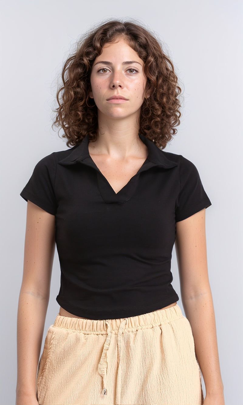 R212306 - Open Neck Solid Short Polo Shirt - Black