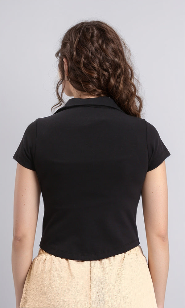R212306 - Open Neck Solid Short Polo Shirt - Black