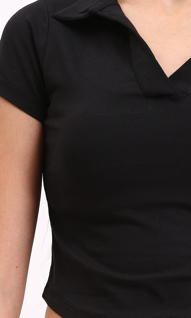R212306 - Open Neck Solid Short Polo Shirt - Black
