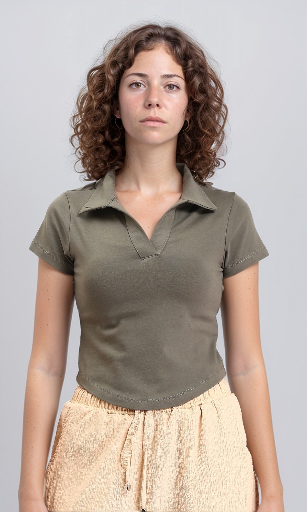 Open Neck Solid Short Polo Shirt - Dark Olive