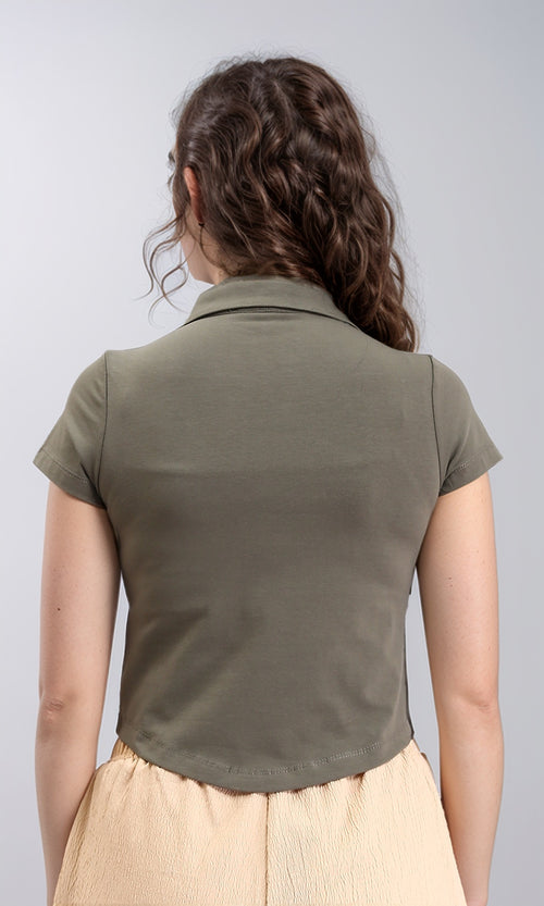 R212307 - Open Neck Solid Short Polo Shirt - Dark Olive