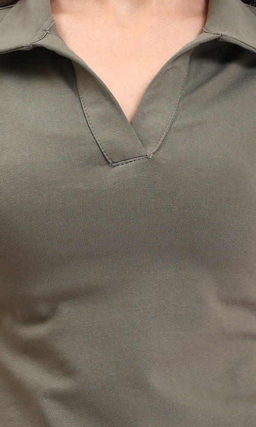 R212307 - Open Neck Solid Short Polo Shirt - Dark Olive