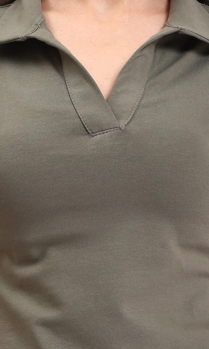 R212307 - Open Neck Solid Short Polo Shirt - Dark Olive