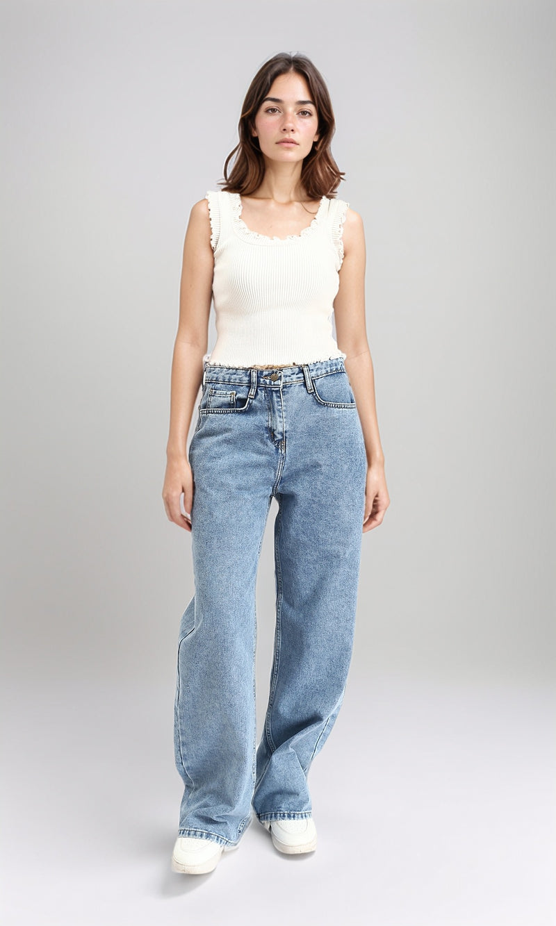 R212316 - Fashionable Solid Wide Leg Jeans - Stonewash