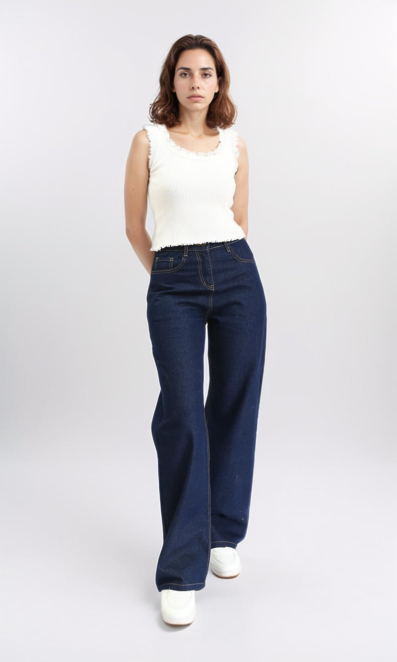 R212318 - Wide Leg Solid Casual Jeans - Navy Blue