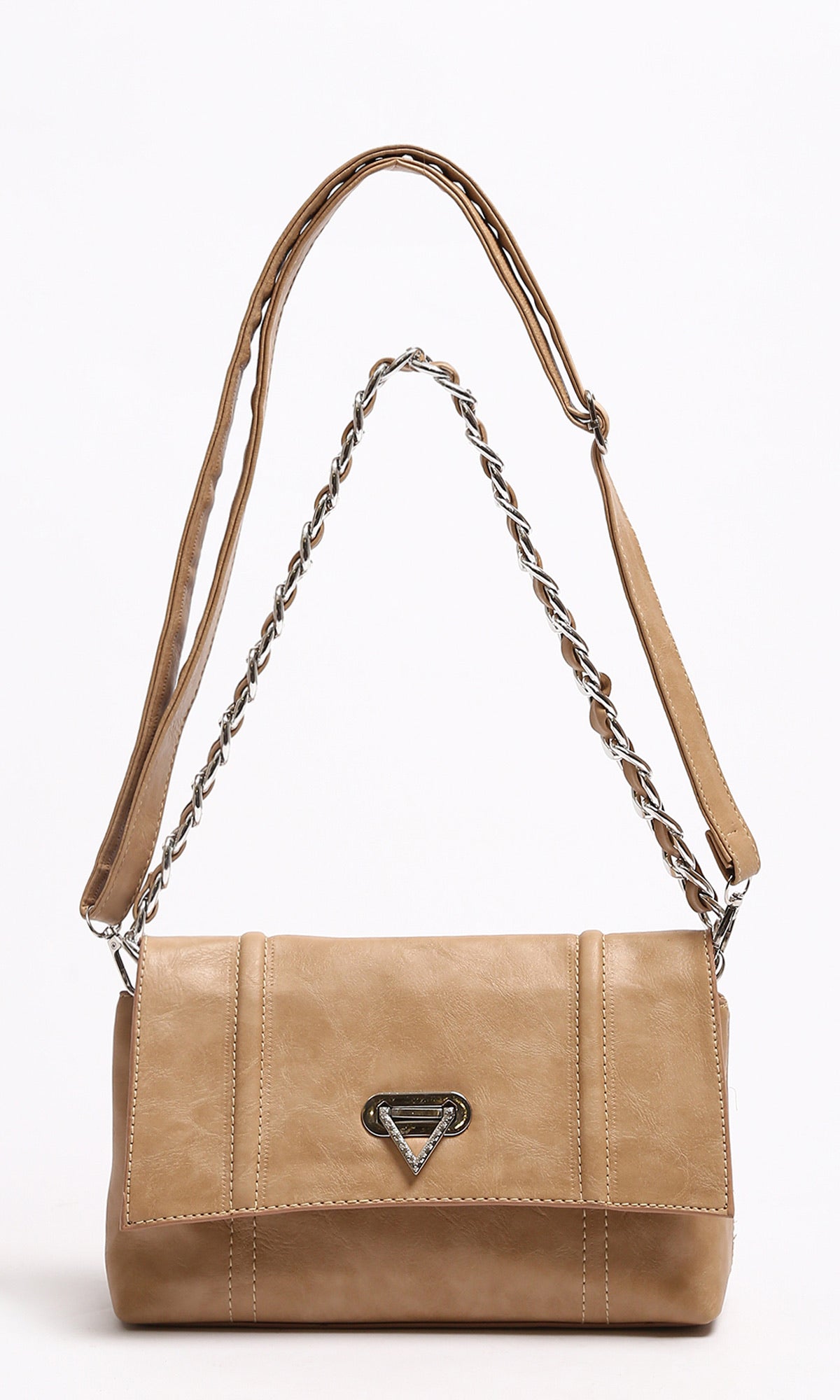 Elegant Tan Faux Leather Crossbody Bag with Chain Strap