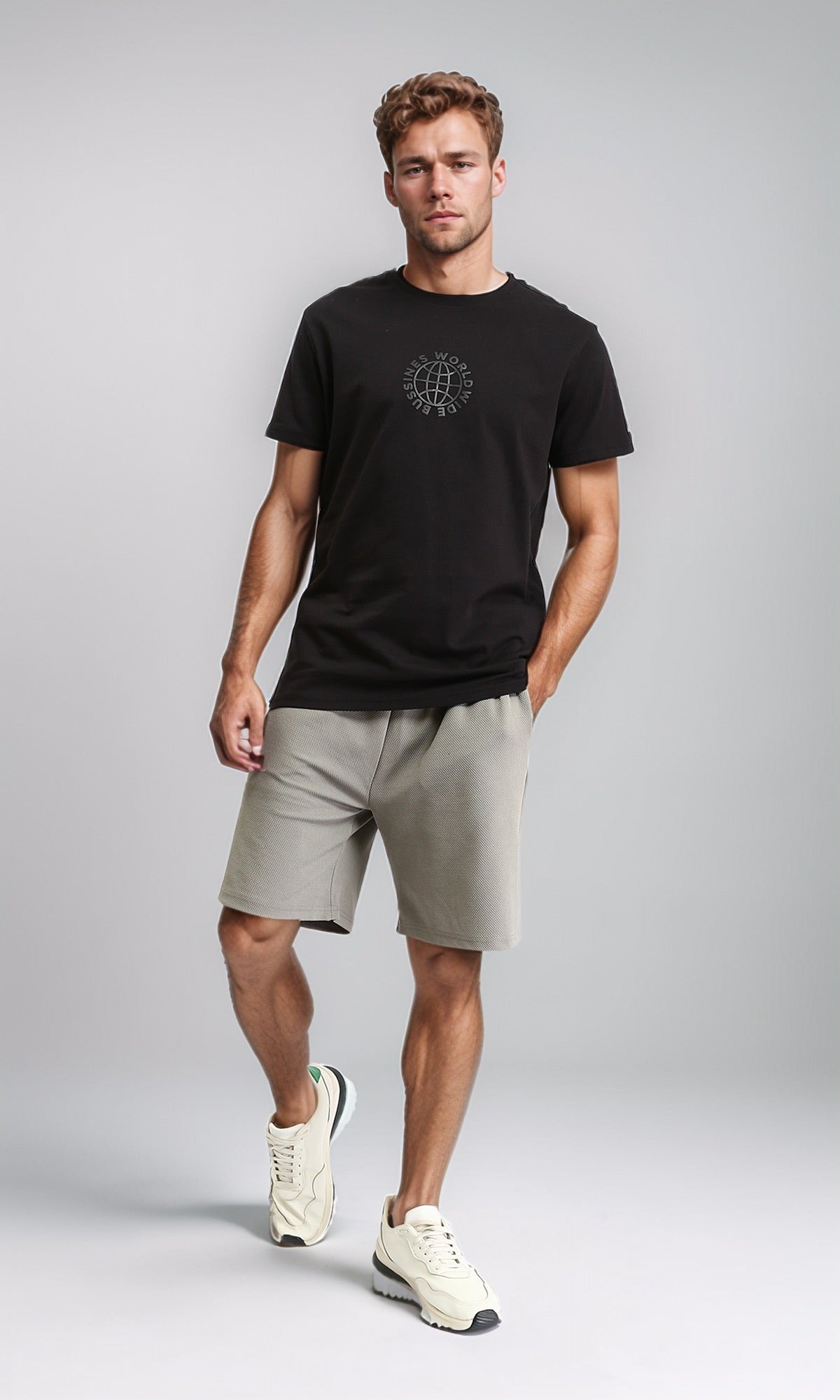 R212358 - Self Pattern Slip On Drawstring Shorts - Grey