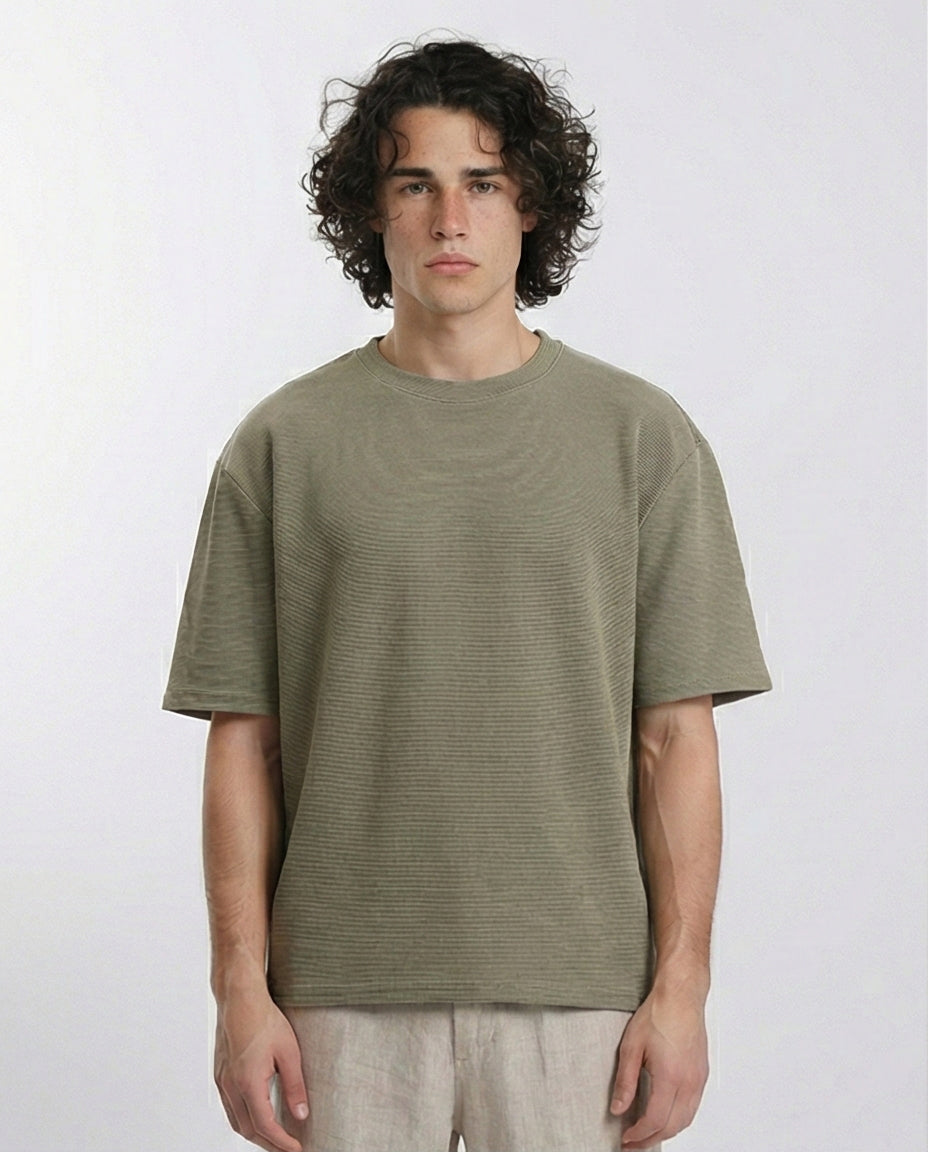 Crew Neck Self Striped Tee - Dark Olive