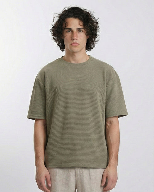 Crew Neck Self Striped Tee - Dark Olive