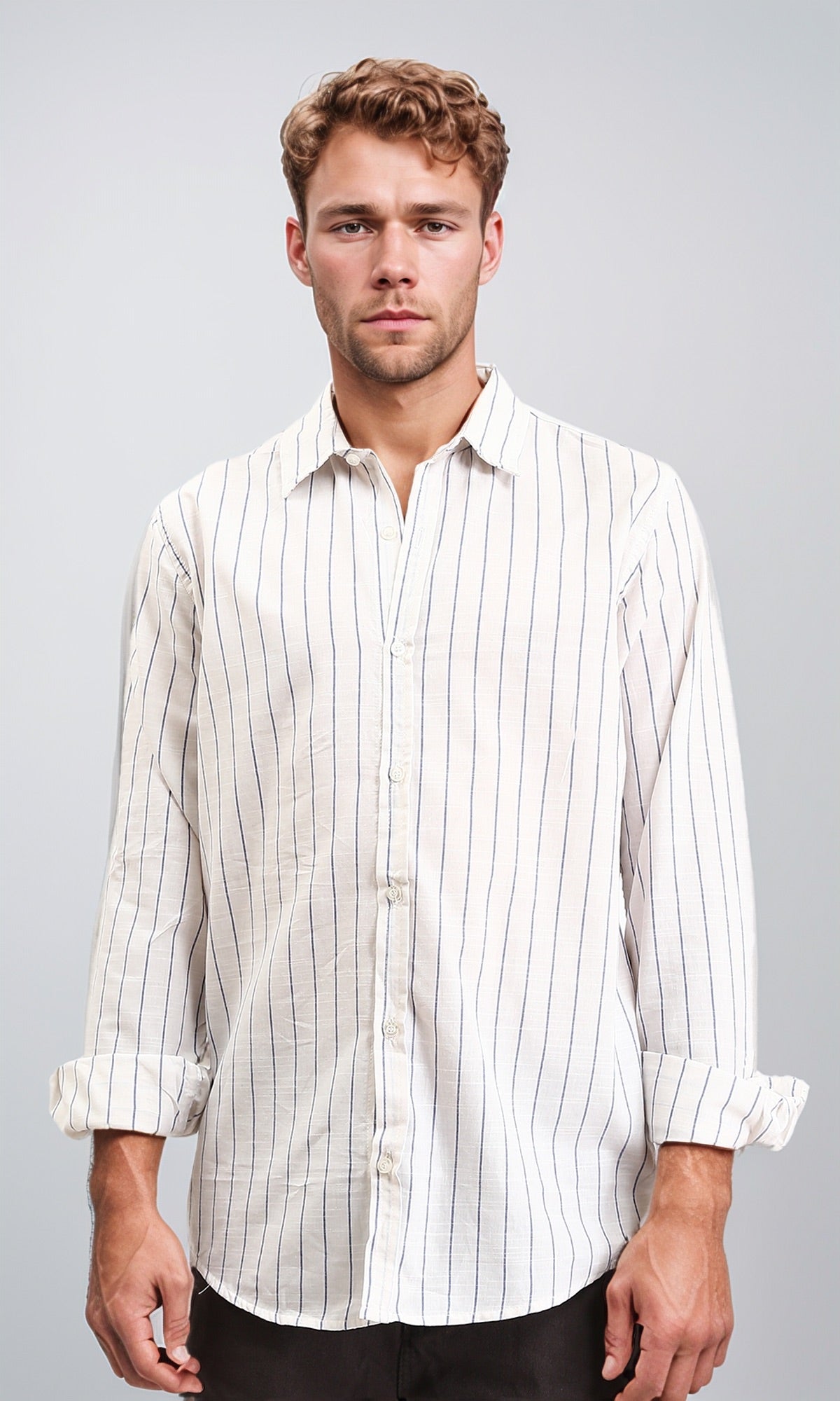 Pencil Striped Long Sleeves Shirt - Navy Blue & White