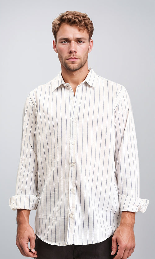 Pencil Striped Long Sleeves Shirt - Navy Blue & White