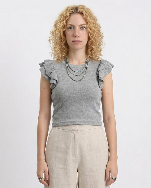 Ravin Women’s Metallic Ribbed Knit Ruffle Sleeve Top - Heather Grey - R212449