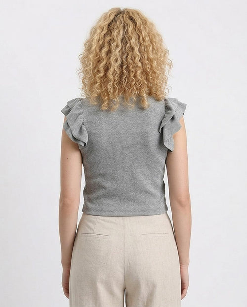 Ravin Women’s Metallic Ribbed Knit Ruffle Sleeve Top - Heather Grey - R212449