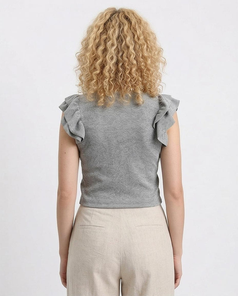Ravin Women’s Metallic Ribbed Knit Ruffle Sleeve Top - Heather Grey - R212449