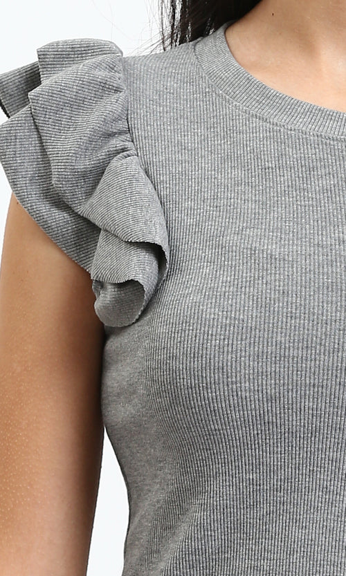 Ravin Women’s Metallic Ribbed Knit Ruffle Sleeve Top - Heather Grey - R212449