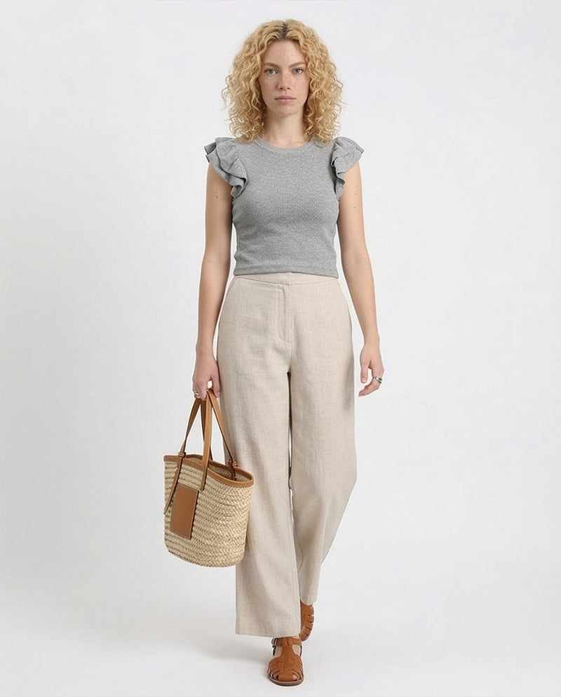 Ravin Women’s Metallic Ribbed Knit Ruffle Sleeve Top - Heather Grey - R212449