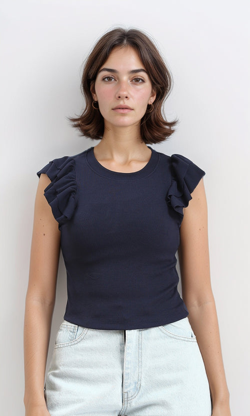 R212450 - Ribbed Sleeveless Ruffled Top - Navy Blue