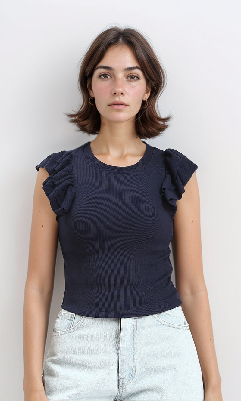 R212450 - Ribbed Sleeveless Ruffled Top - Navy Blue