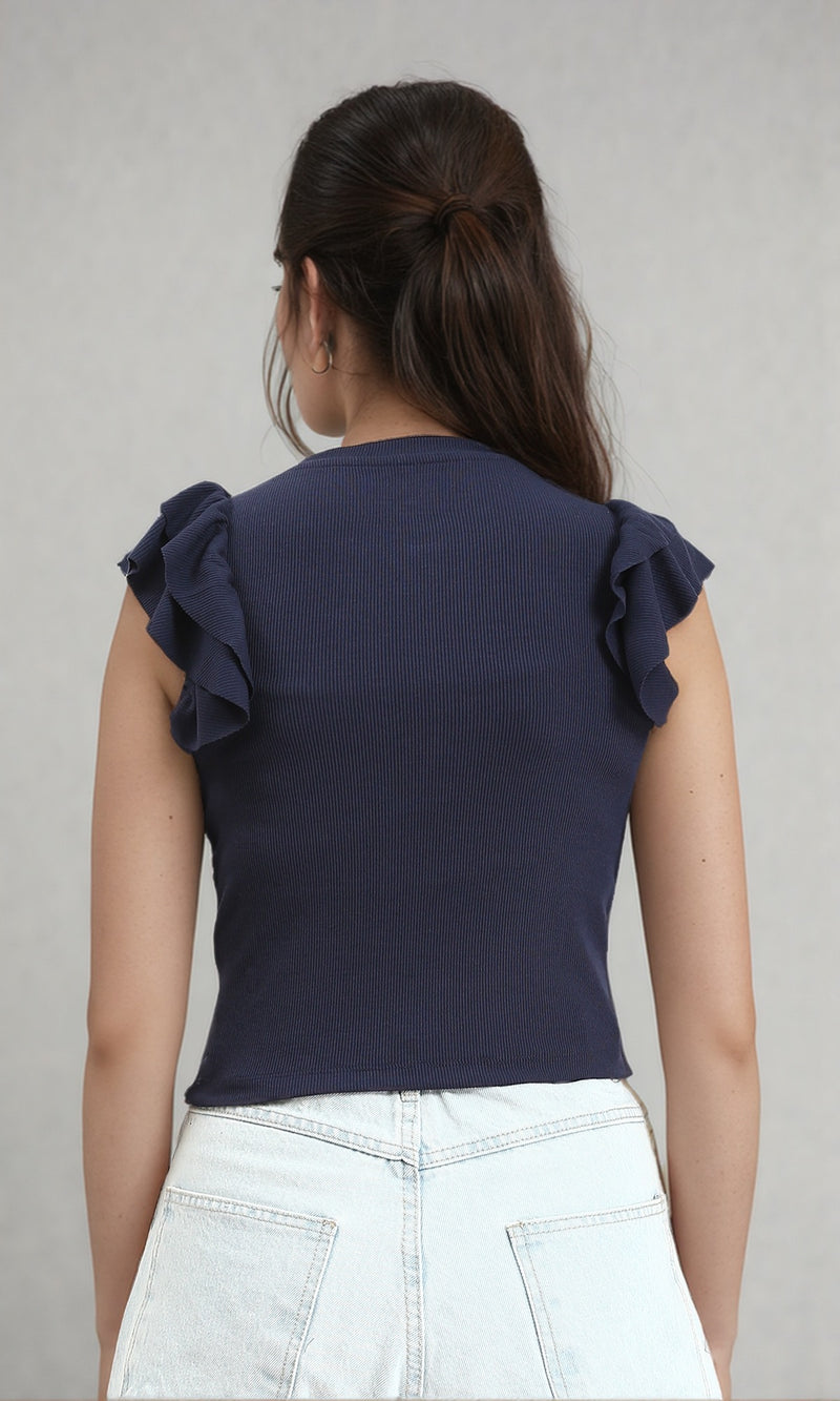 R212450 - Ribbed Sleeveless Ruffled Top - Navy Blue