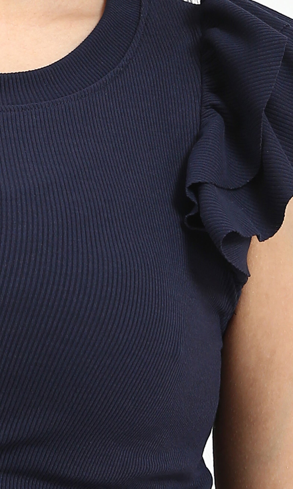 Ravin Women’s Ribbed Knit Cap-Sleeve Top with Ruffle Detail - Navy Blue - R212450