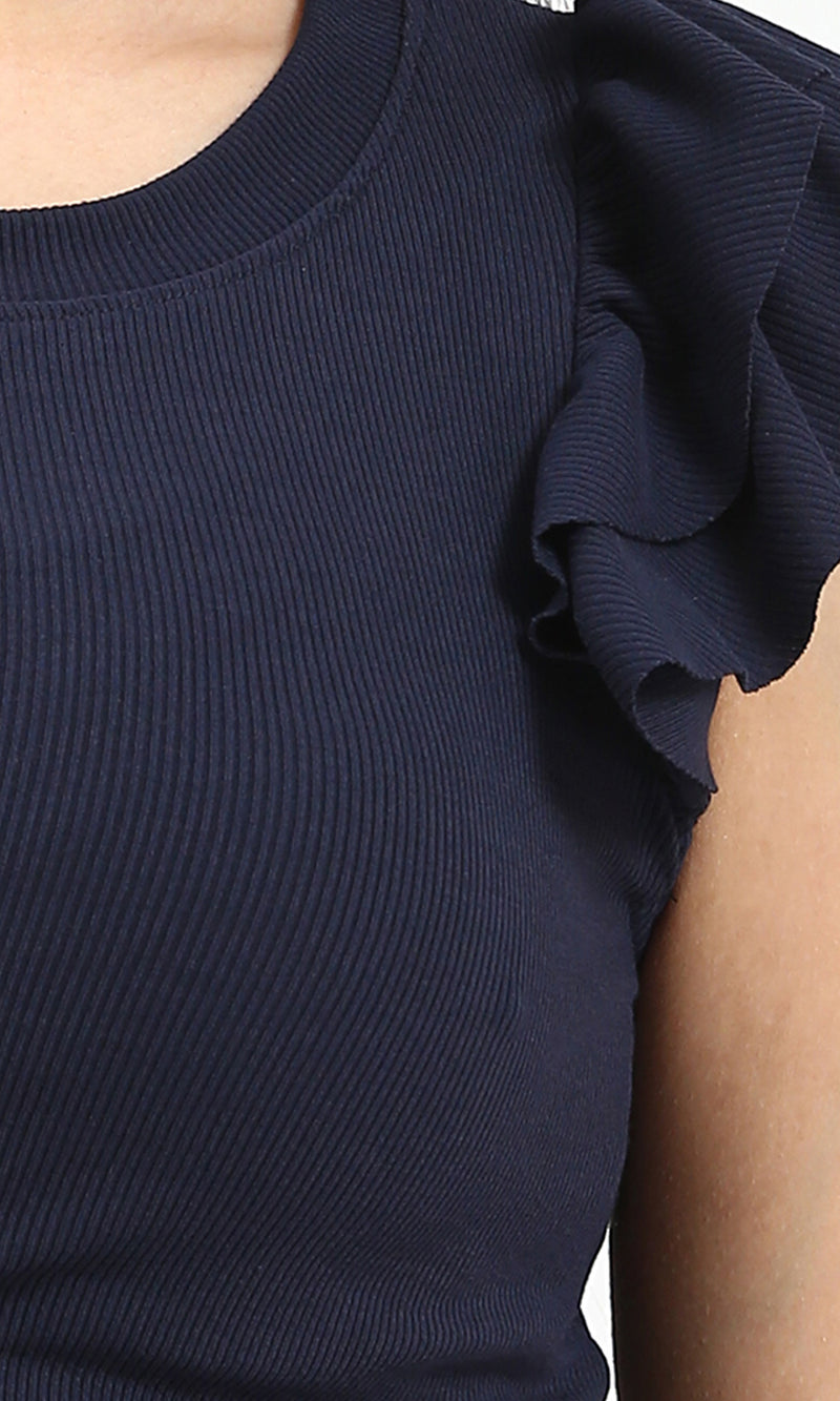 R212450 - Ribbed Sleeveless Ruffled Top - Navy Blue