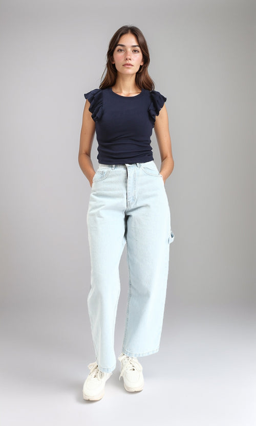 R212450 - Ribbed Sleeveless Ruffled Top - Navy Blue