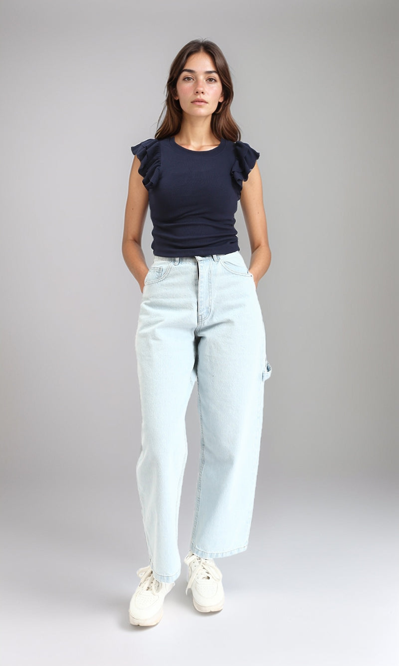 R212450 - Ribbed Sleeveless Ruffled Top - Navy Blue