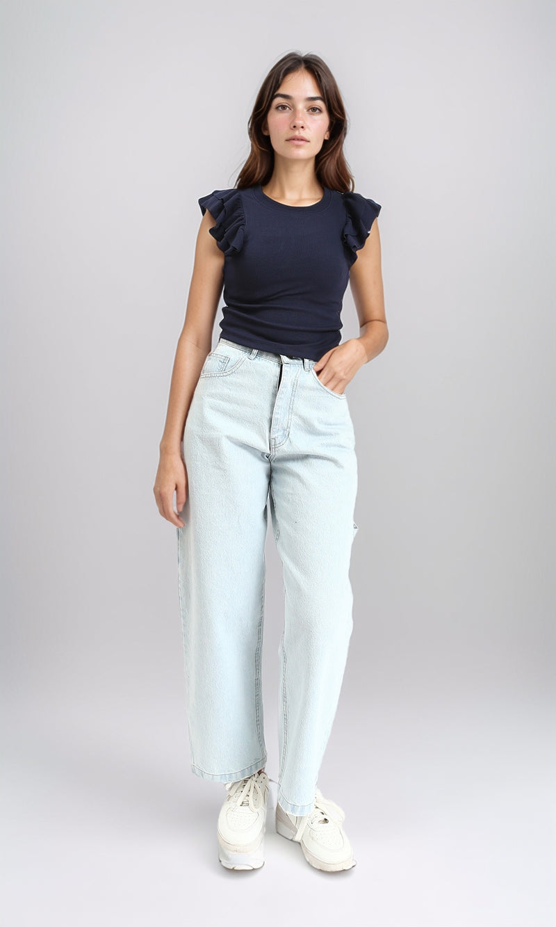 R212450 - Ribbed Sleeveless Ruffled Top - Navy Blue