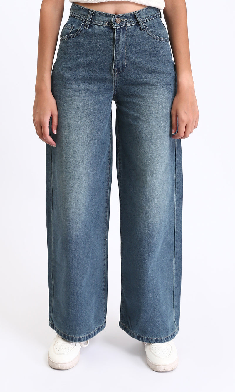 R212482 - Wide Leg Casual Jeans with Front Wash - Standard Blue