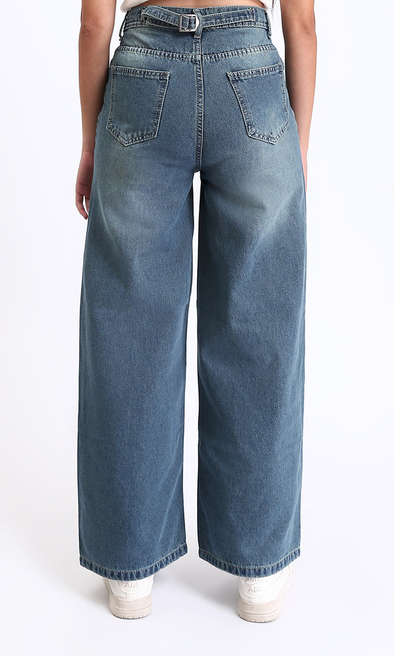 R212482 - Wide Leg Casual Jeans with Front Wash - Standard Blue