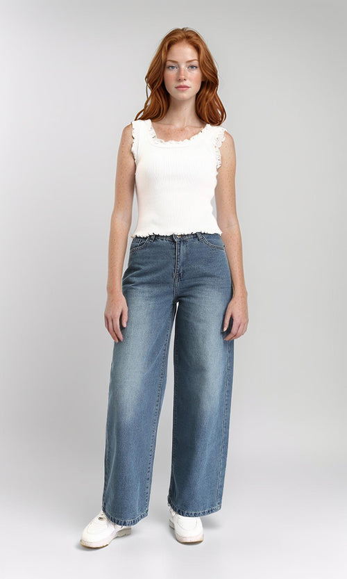 R212482 - Wide Leg Casual Jeans with Front Wash - Standard Blue