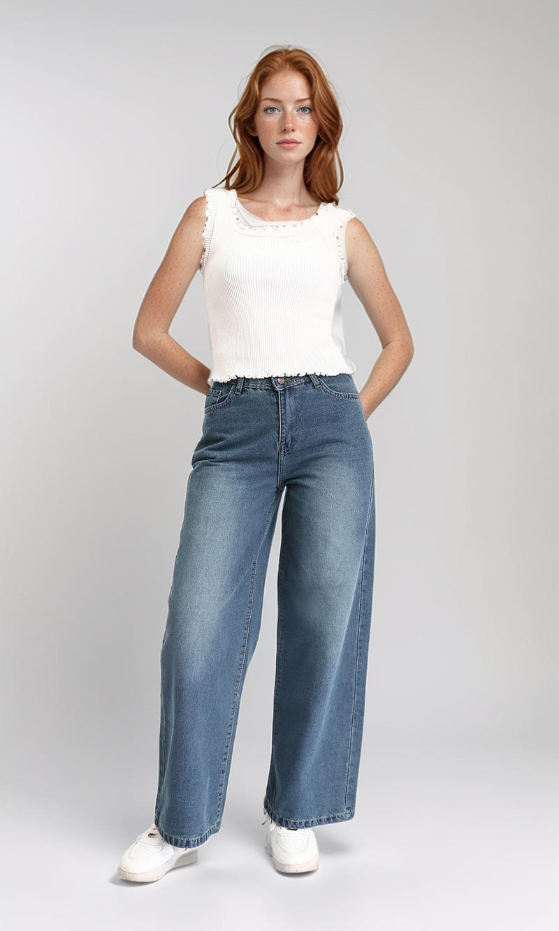R212482 - Wide Leg Casual Jeans with Front Wash - Standard Blue
