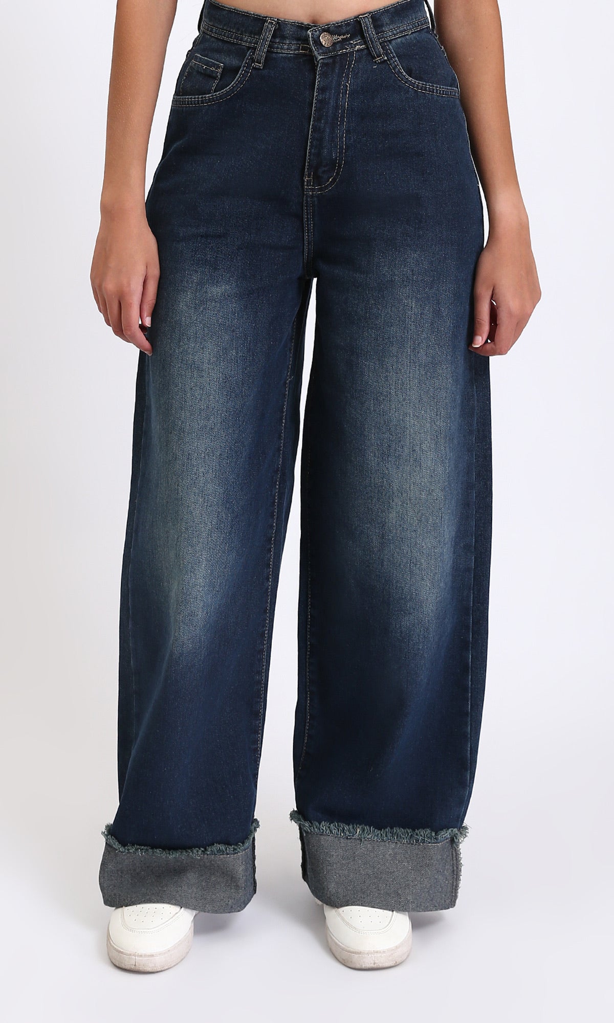 Wide Leg Jeans with Roll-Up Trim - Navy Blue