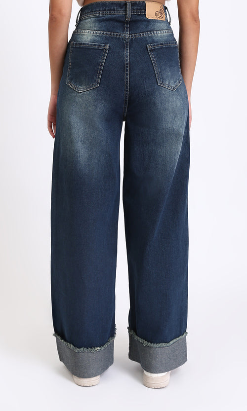 R212488 - Wide Leg Jeans with Roll-Up Trim - Navy Blue