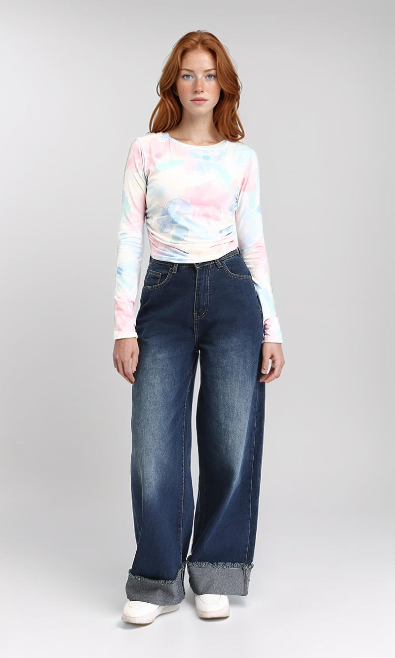 R212488 - Wide Leg Jeans with Roll-Up Trim - Navy Blue