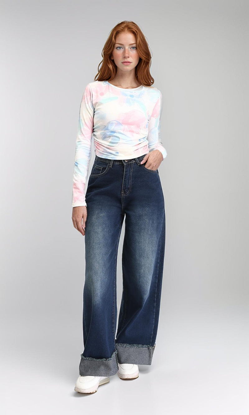 R212488 - Wide Leg Jeans with Roll-Up Trim - Navy Blue