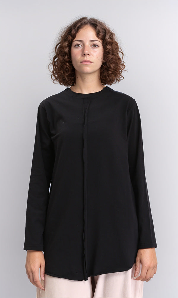 R212492 - Cotton Round Neck Solid Long Tee - Black